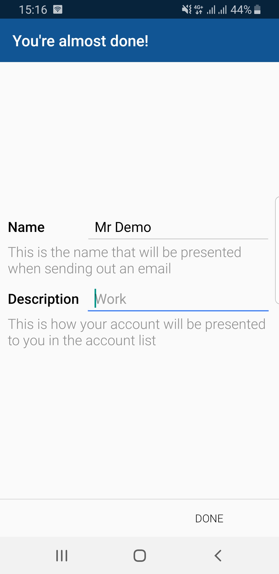 BlueMail Setup Step 4 Setup Company Email in Phone App